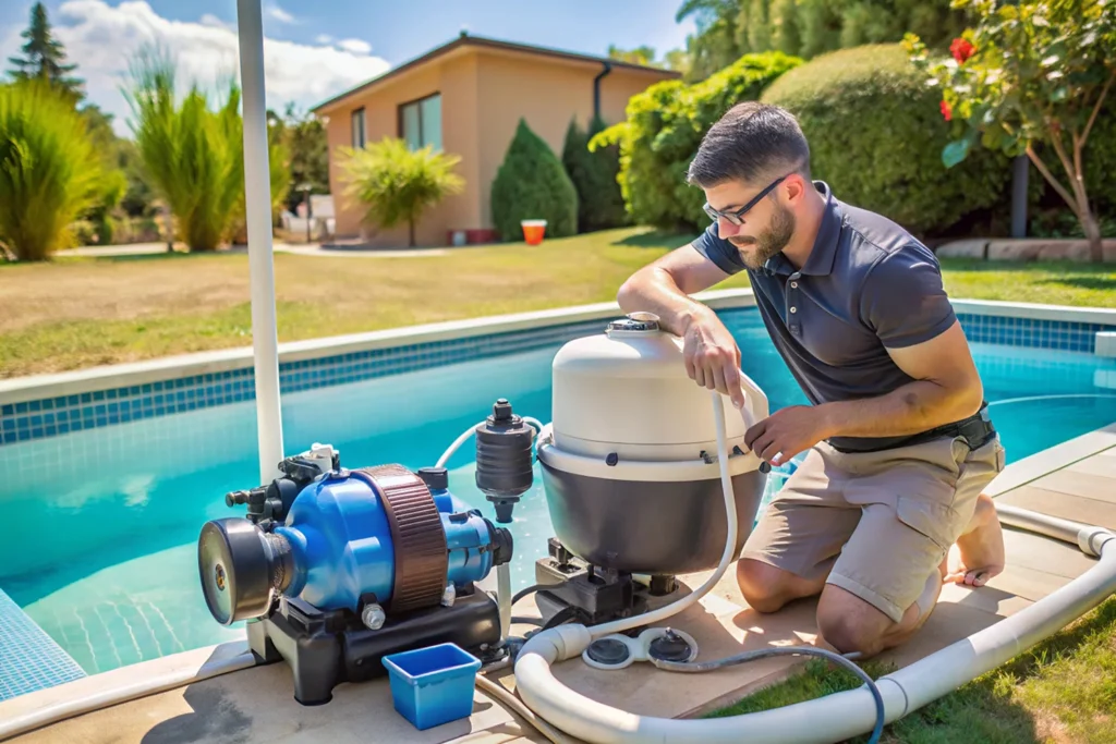 Commercial Pool Equipment Repair Metro Atlanta technician servicing pool pump system