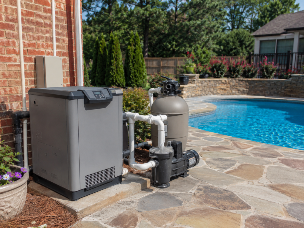 Pool filtration system and pump located on a stone patio beside a blue in-ground pool in a backyard setting.