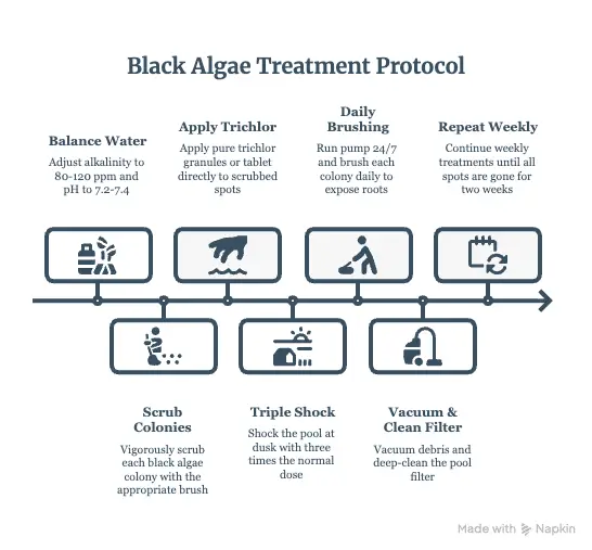 Seven step protocol for killing black algae in pool surfaces: balance water, scrub colonies, apply trichlor to spots, triple shock, run pump 24 hours, clean the filter, repeat weekly