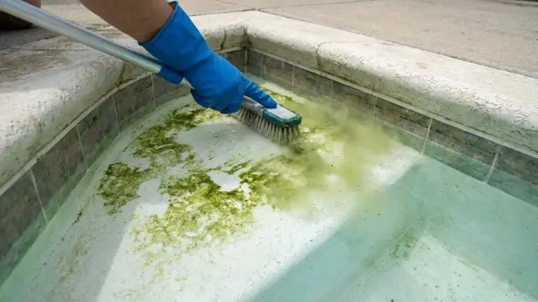 Scrubbing algae spots on pool steps with a stiff brush in Metro Atlanta