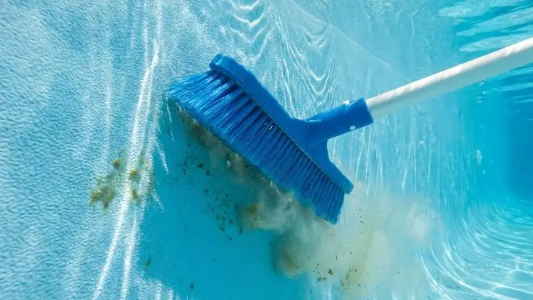 Brushing mustard algae from a shaded pool wall corner in Metro Atlanta