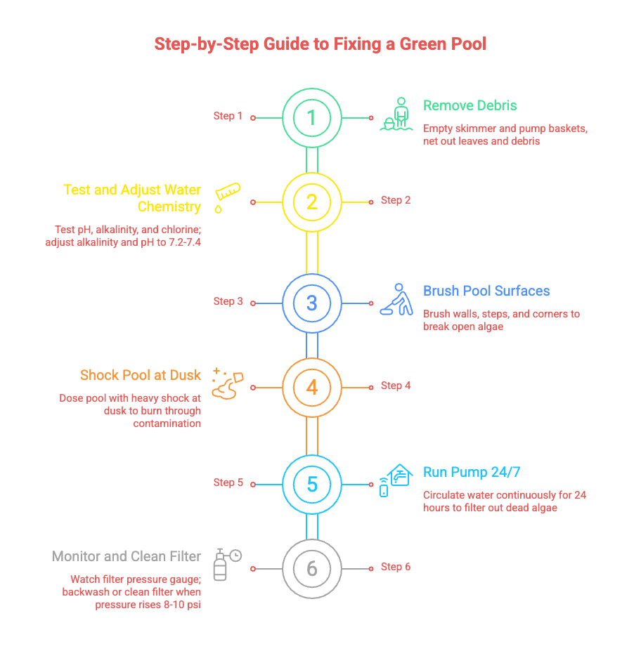 Six step green pool recovery checklist: remove debris, test and balance, brush walls, shock past breakpoint, run pump 24 hours, clean the filter