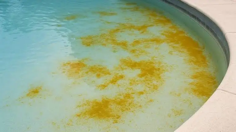 Mustard algae in pool corner showing yellow dust-like patches on the wall of an Atlanta pool