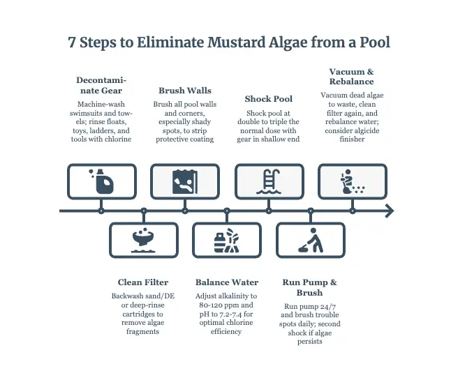 Seven step mustard algae treatment checklist: decontaminate gear, clean filter, brush walls, balance water, double shock, run pump and brush daily, vacuum and finish with yellow algicide