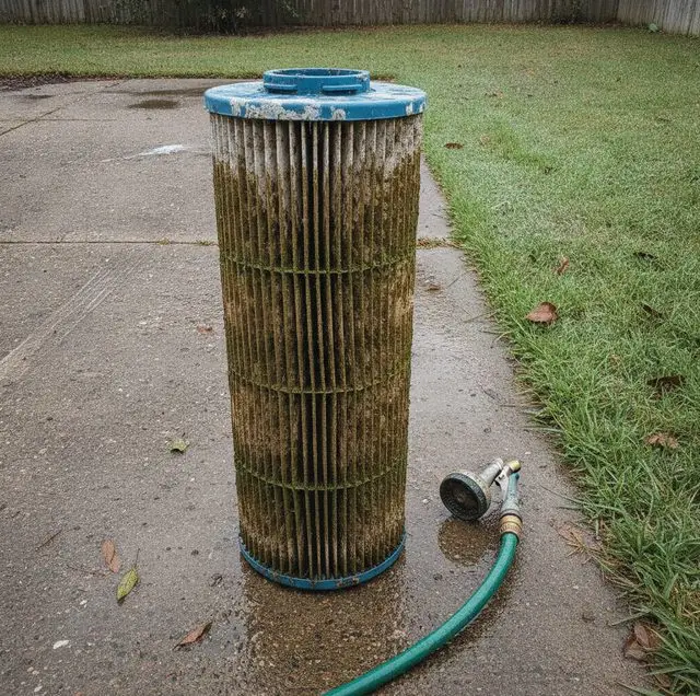Cleaning a pool filter after black algae treatment to stop the spots from returning in Atlanta GA