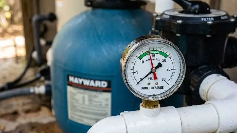 Close-up of a pool filter pressure gauge checked during a pump repair diagnosis in Atlanta