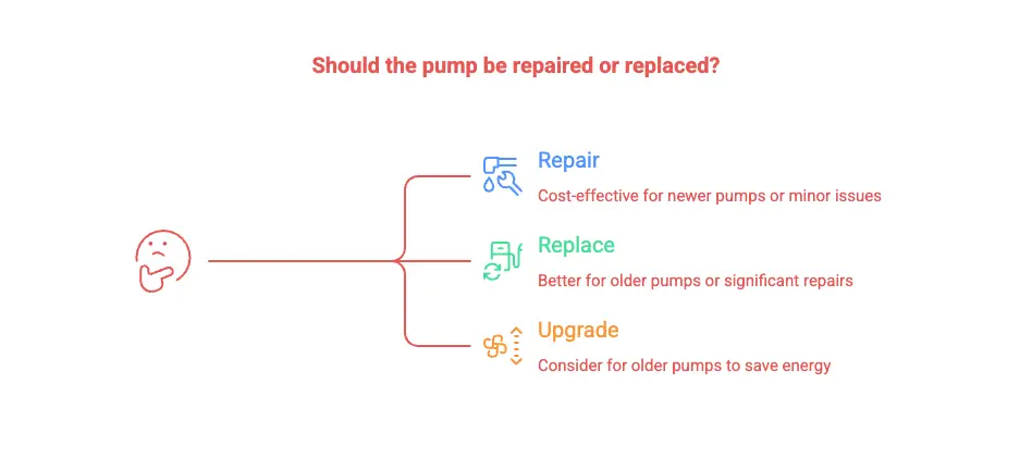 Decision chart comparing pool pump repair cost versus replacement cost: repair newer pumps and minor issues, replace older pumps, upgrade to variable speed to save energy