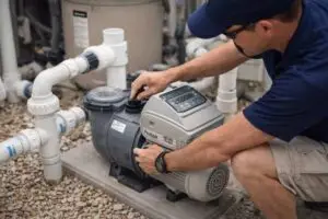 Technician replacing a pool pump at a Metro Atlanta home equipment pad