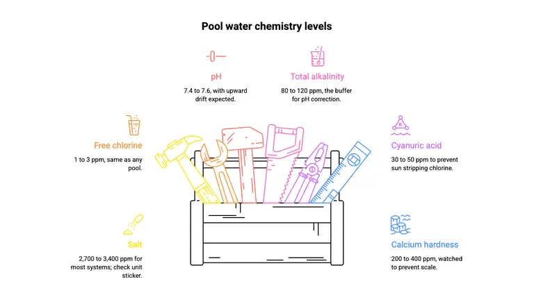 Salt water pool chemistry target levels infographic with salt, free chlorine, pH, total alkalinity, cyanuric acid, and calcium hardness ranges
