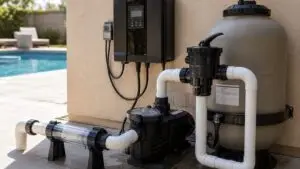 Salt water pool maintenance system with salt chlorinator control panel, pump, and filter at an Atlanta GA equipment pad