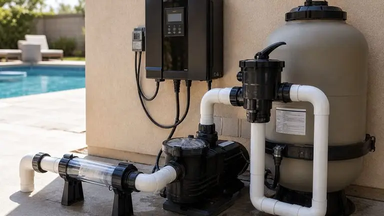 Salt water pool maintenance system with salt chlorinator control panel, pump, and filter at an Atlanta GA equipment pad