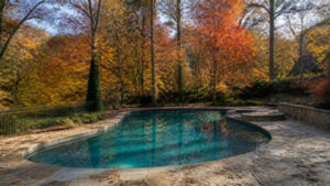 Autumn leaves on an Atlanta pool, the season a leaf net for pool protection earns its keep
