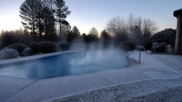 Frosty Atlanta morning at an open pool, when freeze protection decides the close-or-open question