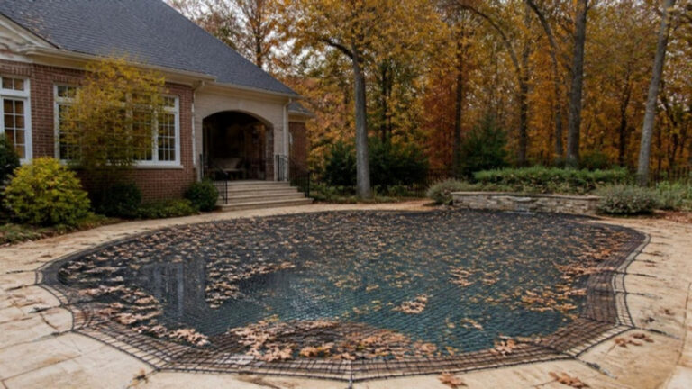 A leaf net for pool coverage catching the October drop before leaves can sink