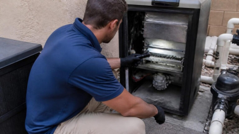 Technician diagnosing a gas unit, the starting point of any pool heater repair cost estimate